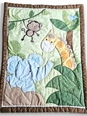 Jungle Animals Baby Blanket Elephant Giraffe Monkey Bird Green Brown Trim 31x40